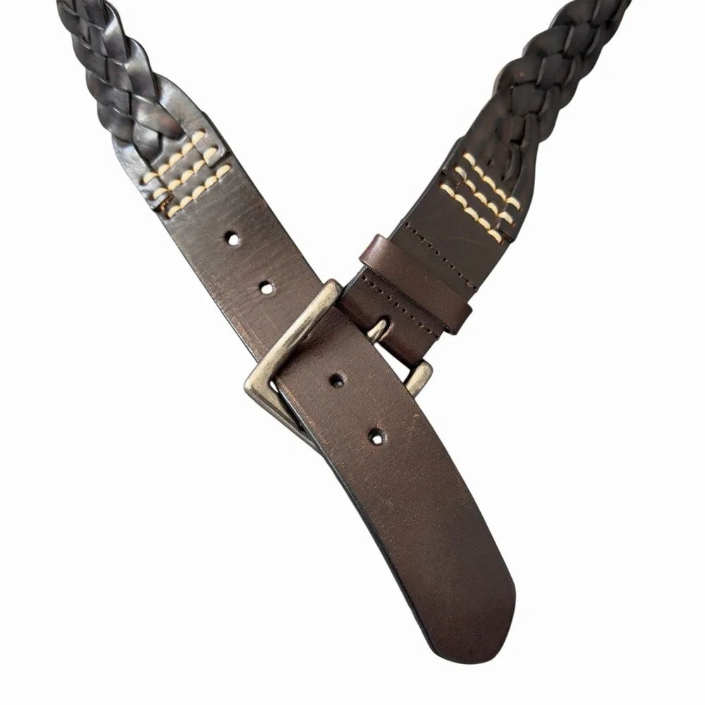 Men's Genuine‎ Leather Braided Belt Dark Brown Size 42 Vintage Style Buckle
